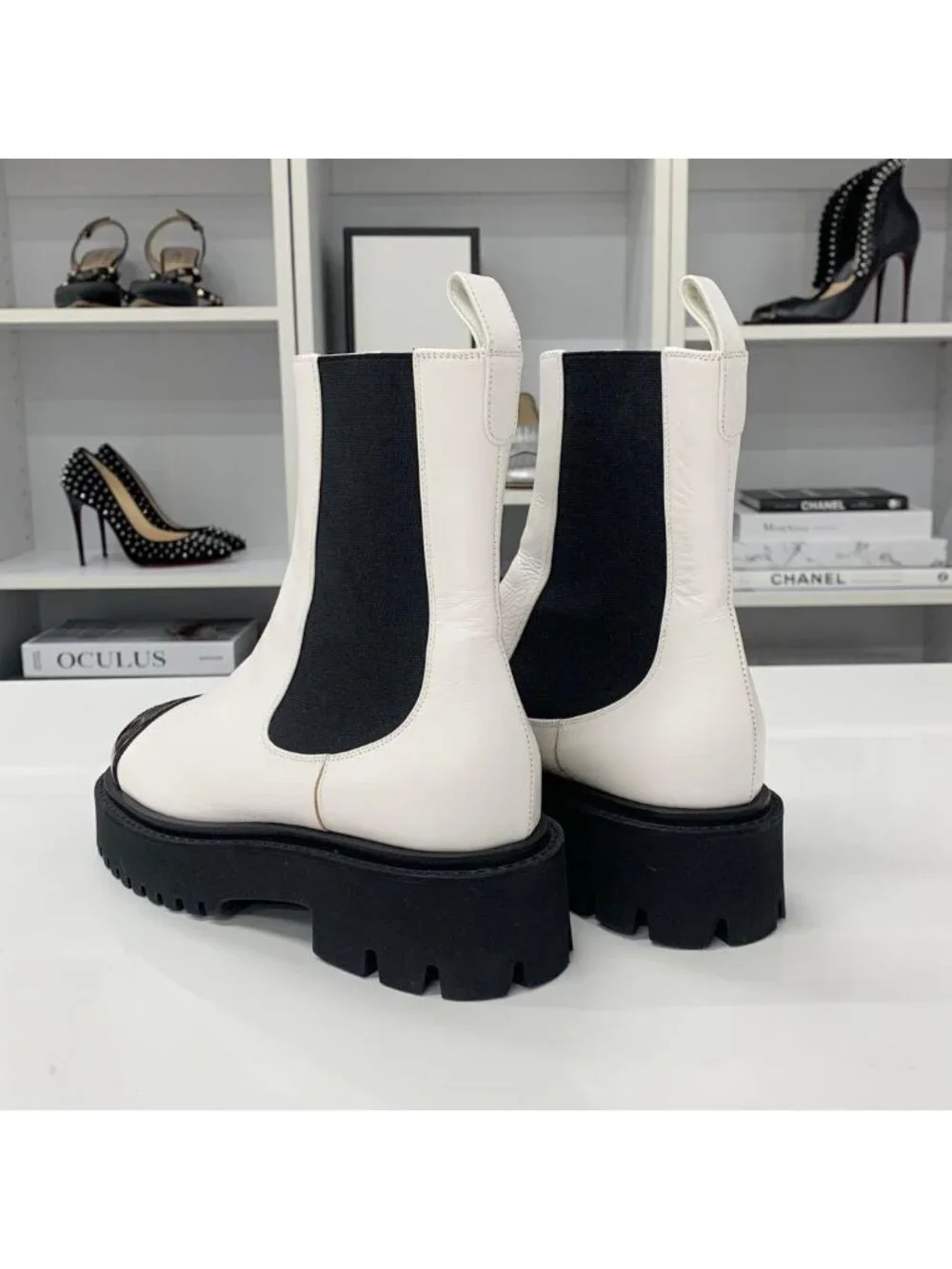Chanel CC Logo Leather Patent Side Gore Short Boots White
